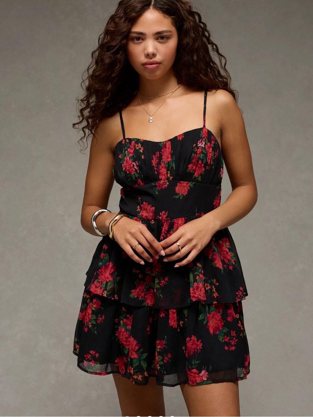 American Eagle Outfitters Dress - black/red floral Ruched Tie-Back Mini  NWT